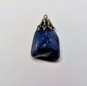 Vintage Polished Blue Stone Pendant with Ornate Silver Cap – 2"
